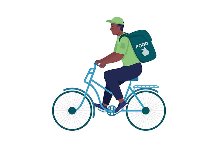 Delivery worker on bicycle semi flat color vector character set
