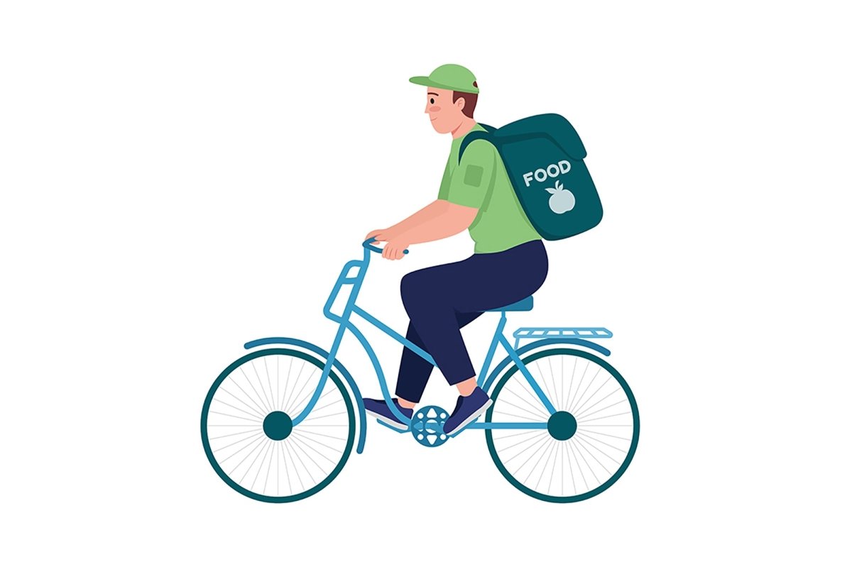 Delivery worker on bicycle semi flat color vector character set