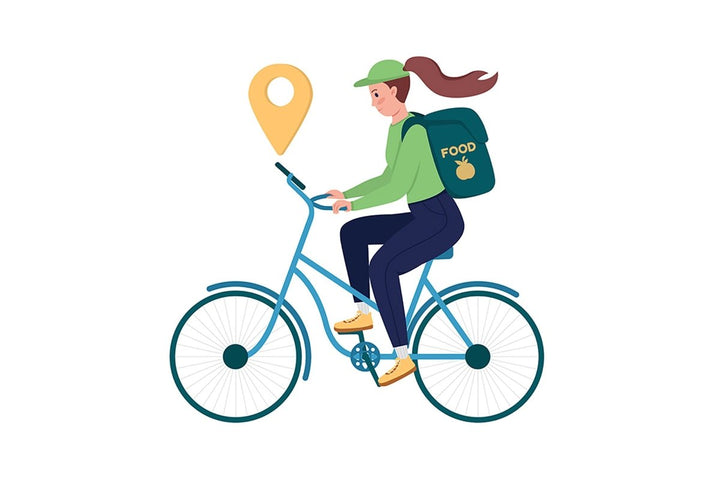 Delivery worker on bicycle semi flat color vector character set
