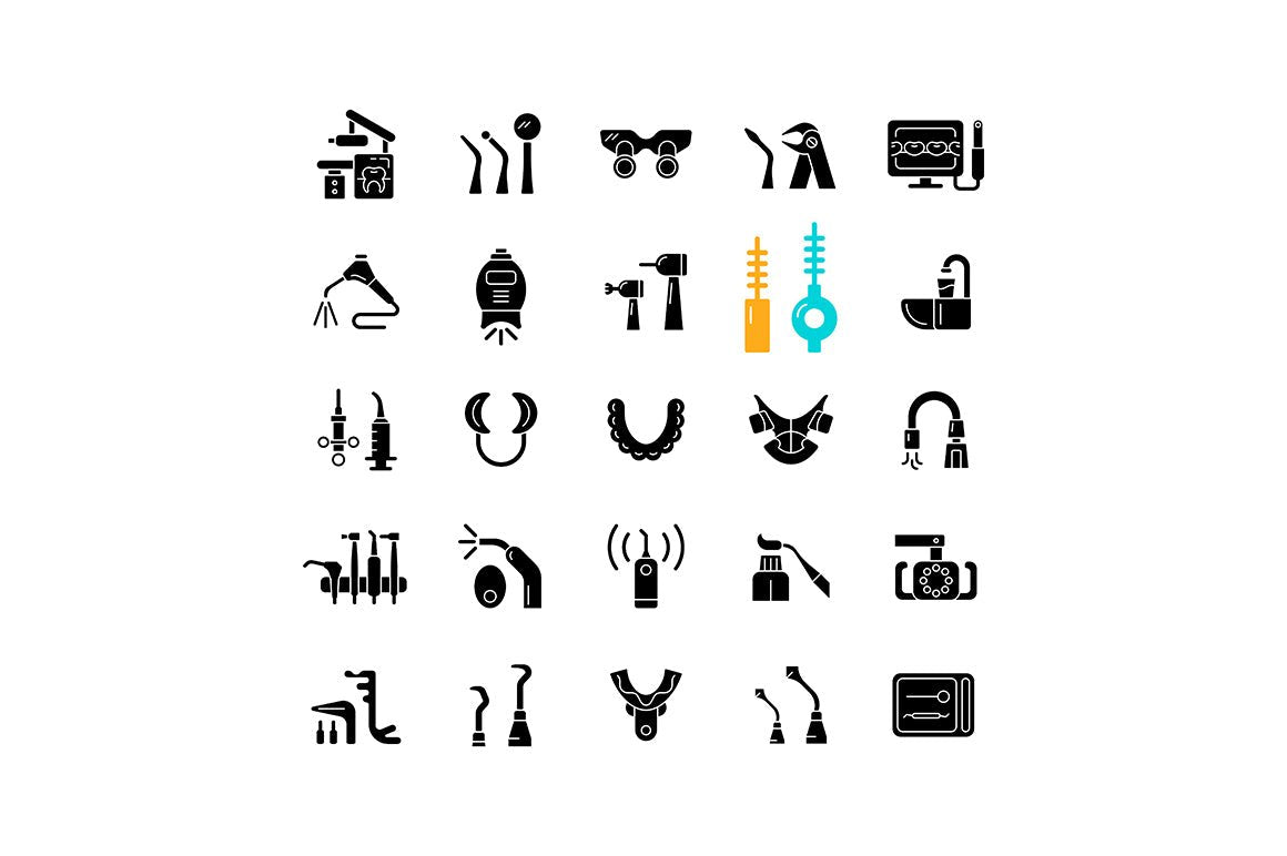 Dentistry tools and materials black glyph icons set on white space
