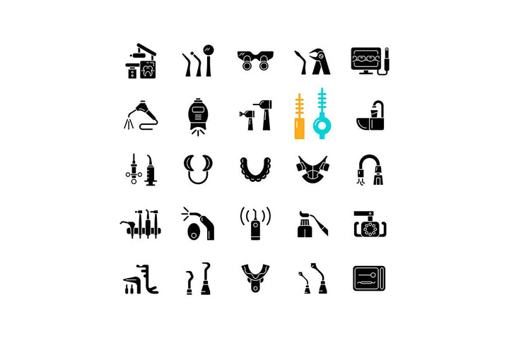 Dentistry tools and materials black glyph icons set on white space