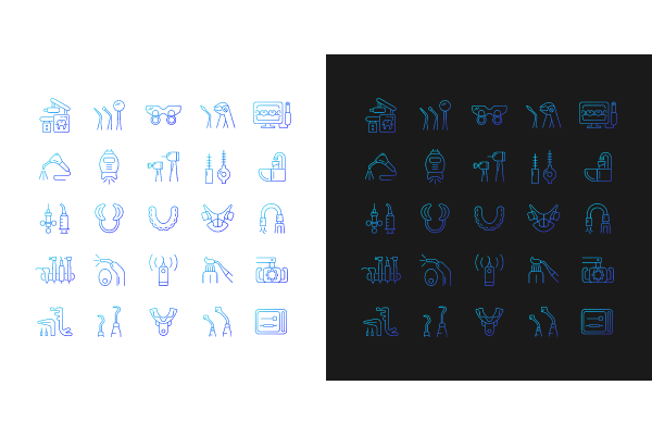 Dentistry tools and materials gradient icons set for dark and light mode