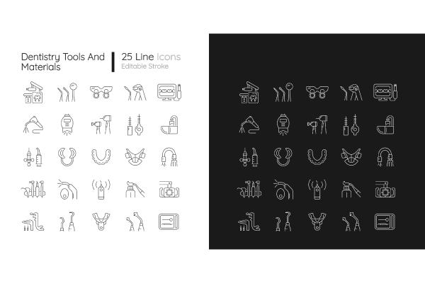Dentistry tools and materials linear icons set for dark and light mode