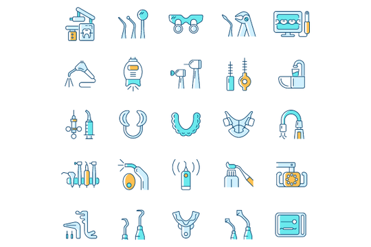 Dentistry tools and materials RGB color icons set