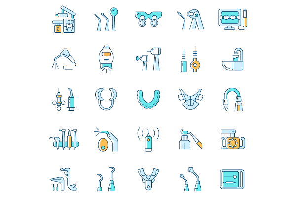 Dentistry tools and materials RGB color icons set