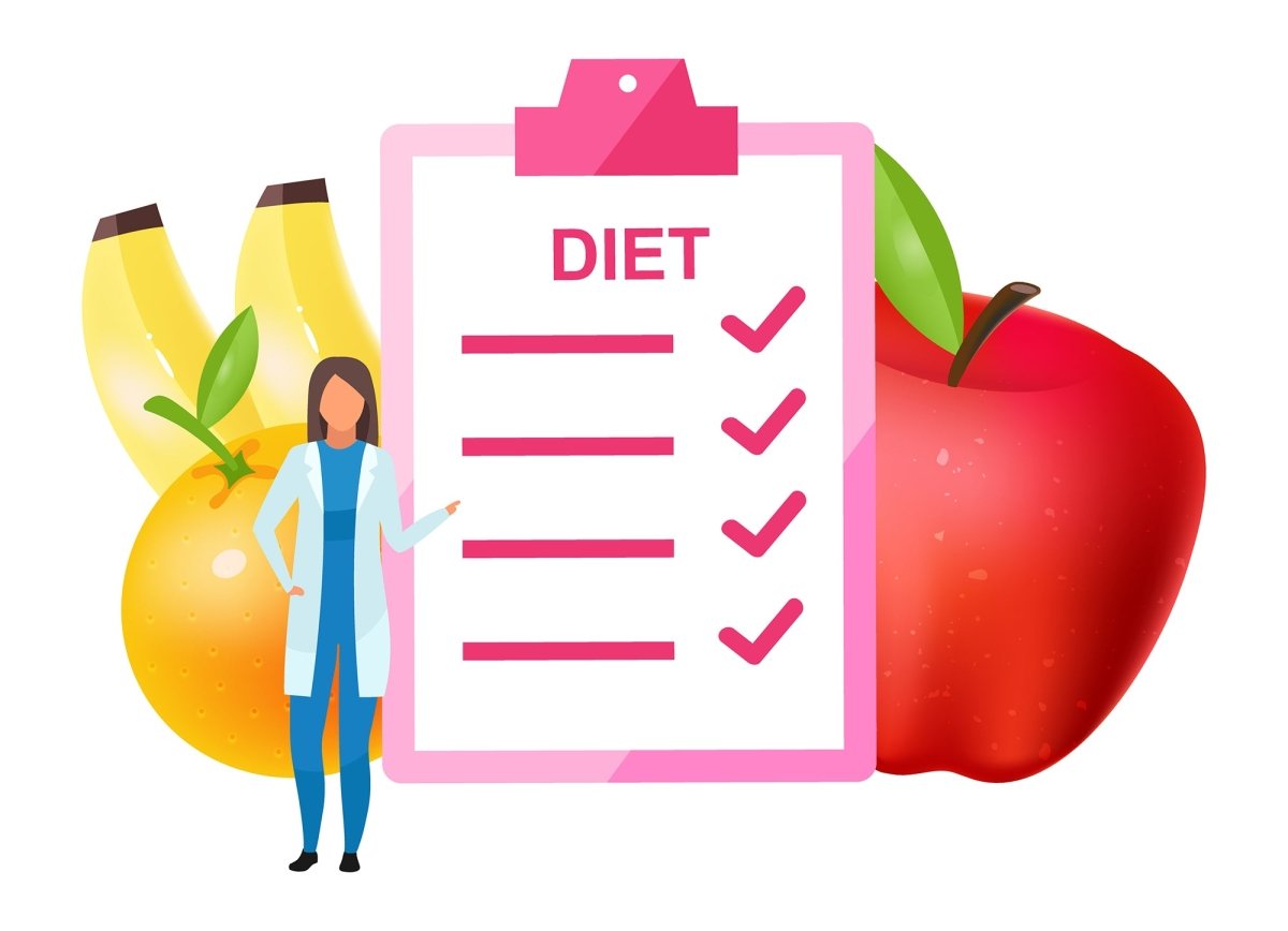 Dietology experts flat vector illustrations set. Fresh vitamins containing fruits