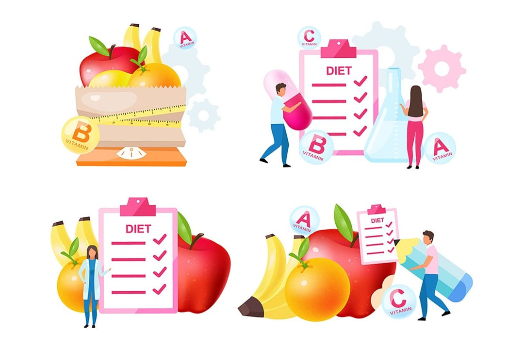 Dietology experts flat vector illustrations set. Fresh vitamins containing fruits