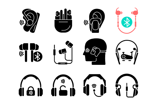 Different types of headphones black glyph icons set