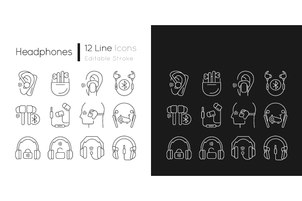 Different types of headphones linear icons set for dark and light mode