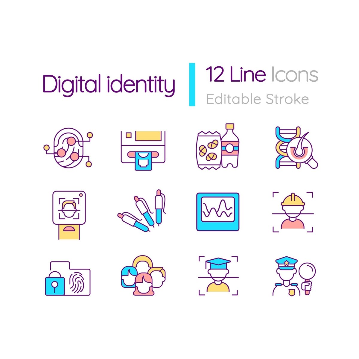 Digital identity RGB color icons set