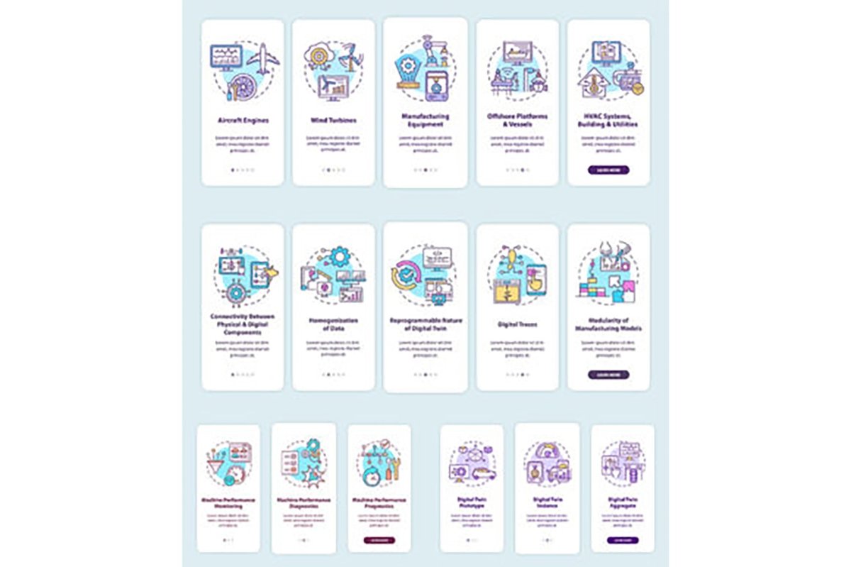Digital twin onboarding mobile app page screen set