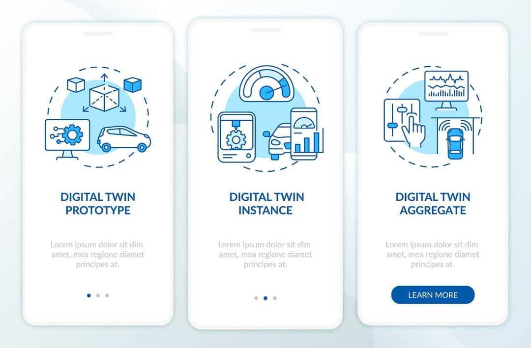 Digital twin onboarding mobile app page screen set
