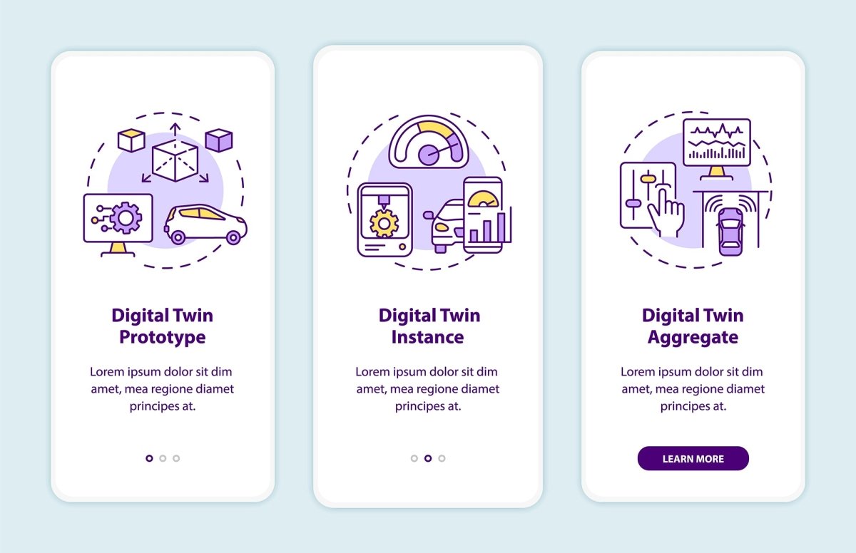 Digital twin onboarding mobile app page screen set