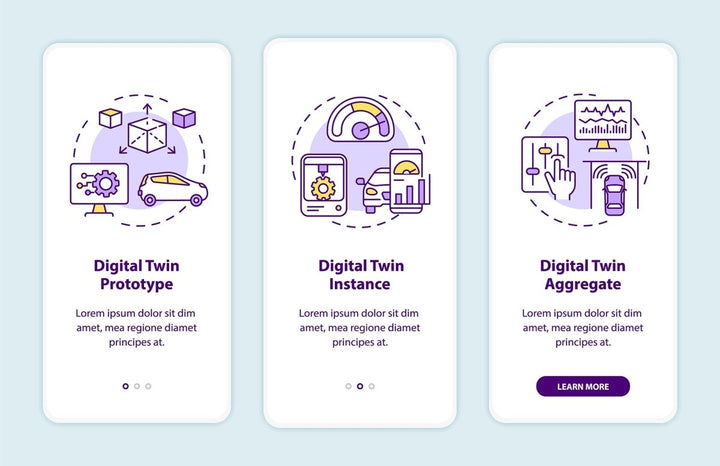 Digital twin onboarding mobile app page screen set