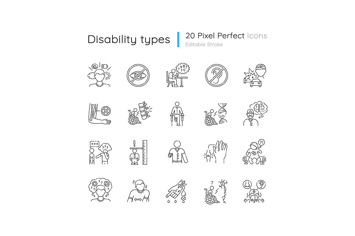 Disability types linear icons set