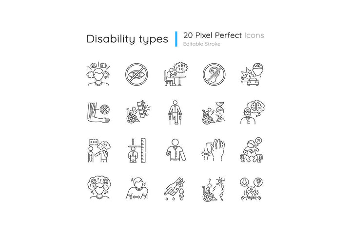 Disability types linear icons set