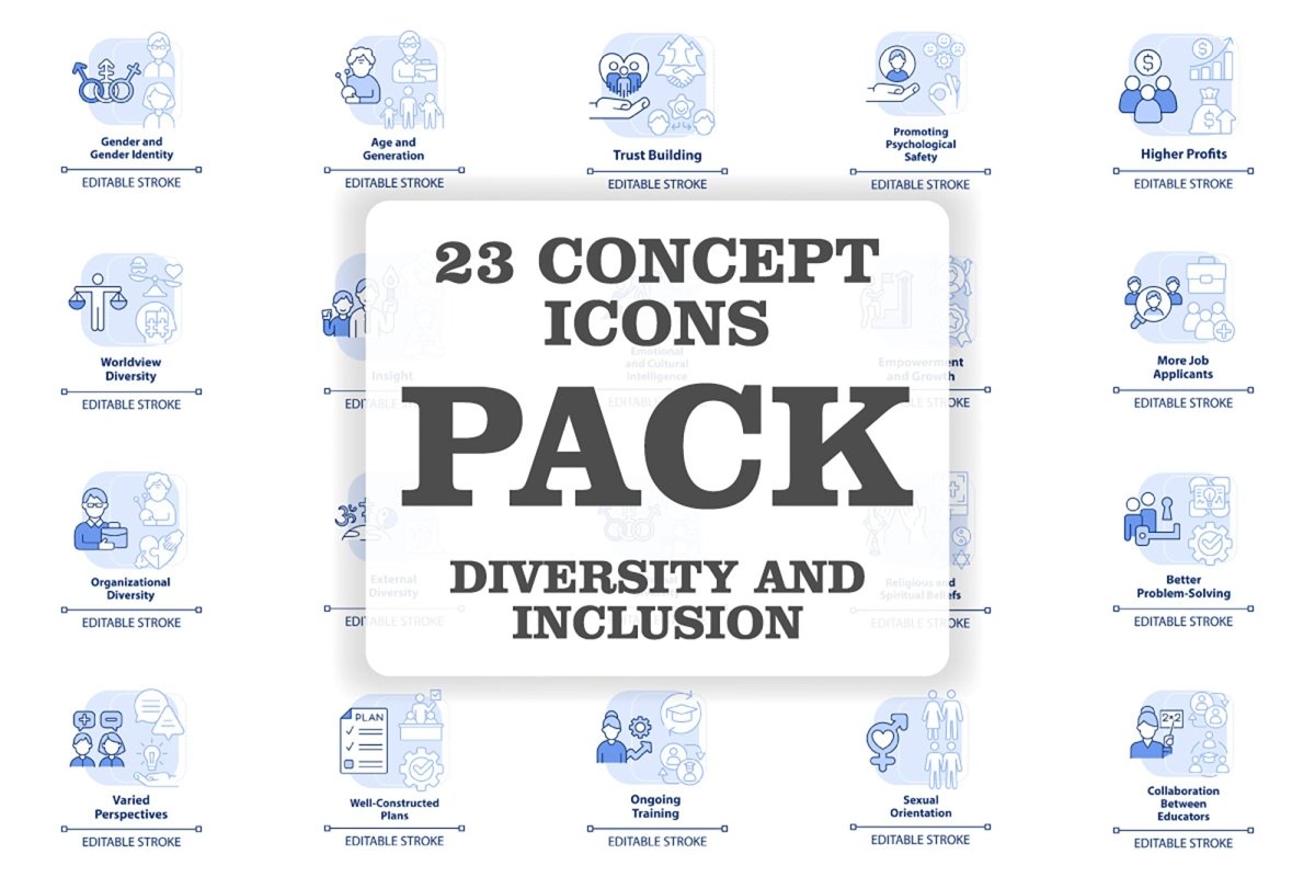 Diversity and inclusion blue concept icons set