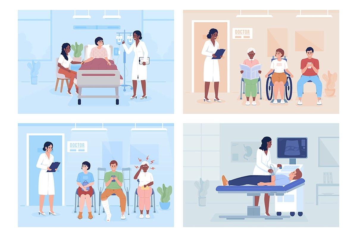 Doctor and patients in hospital flat color vector illustrations set