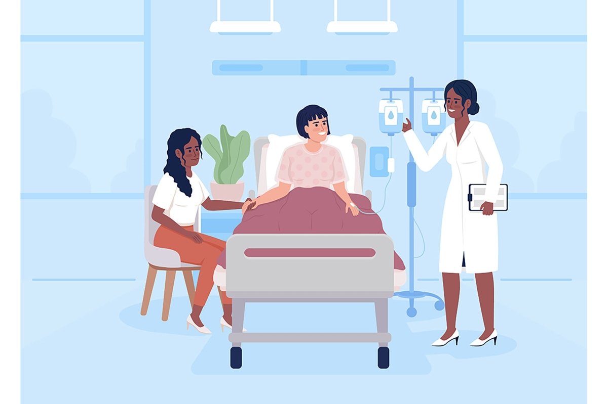 Doctor and patients in hospital flat color vector illustrations set