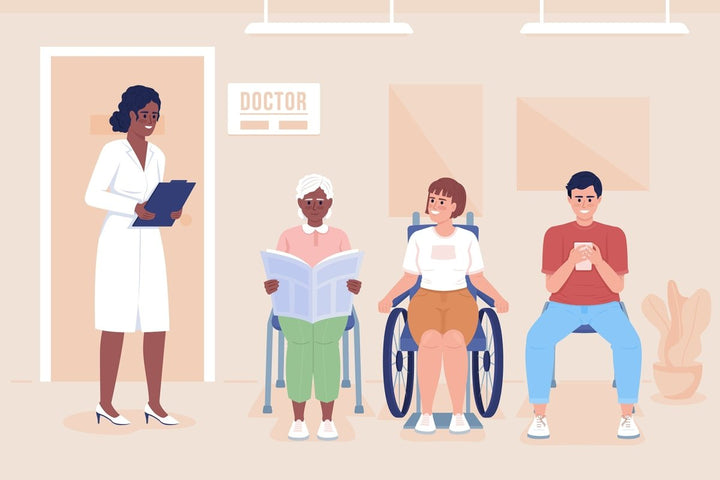 Doctor and patients in hospital flat color vector illustrations set