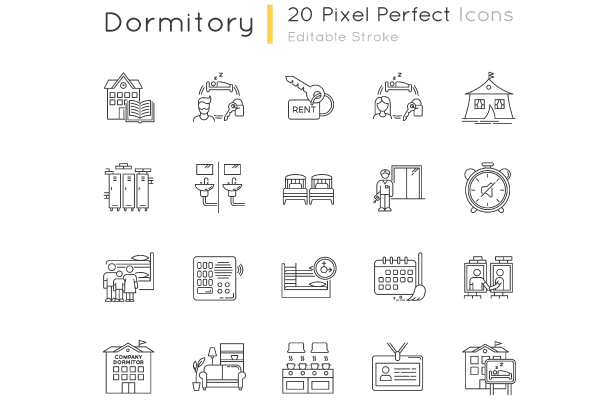 Dormitory pixel perfect linear icons set