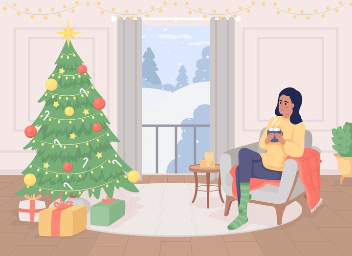 Drinking hot cocoa at home flat color vector illustration