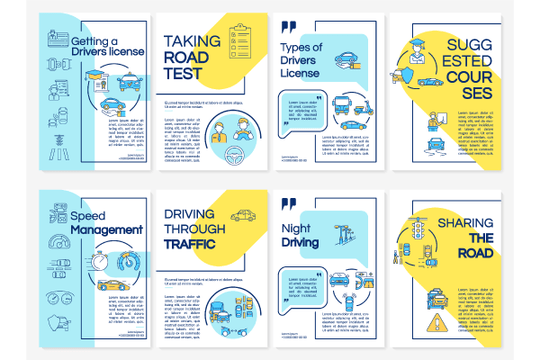 Driving courses types yellow and blue brochure templates bundle