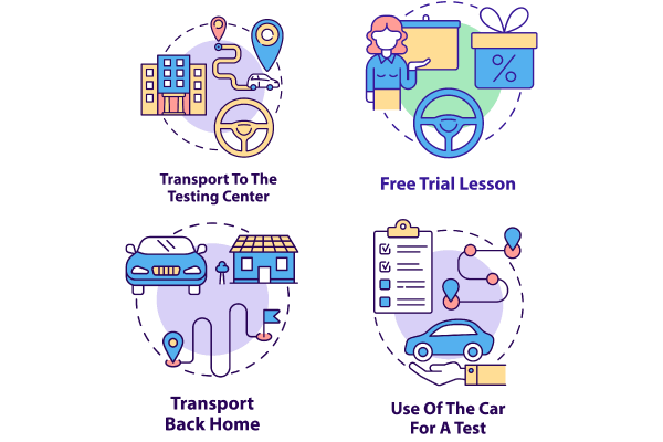 Driving school concept icons bundle
