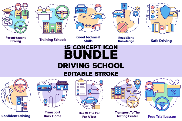 Driving school concept icons bundle