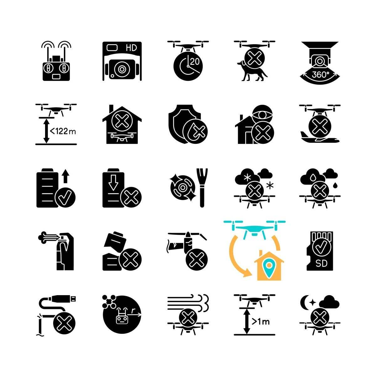 Drone usage black glyph manual label icons set on white space