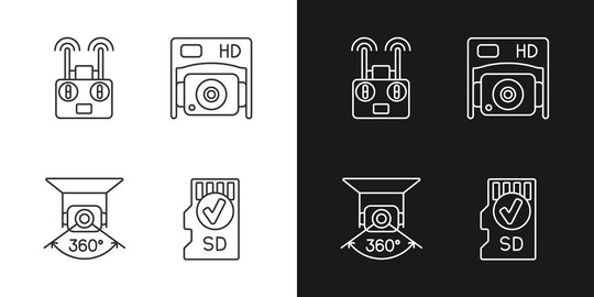 Drone usage linear manual label icons set for dark and light mode
