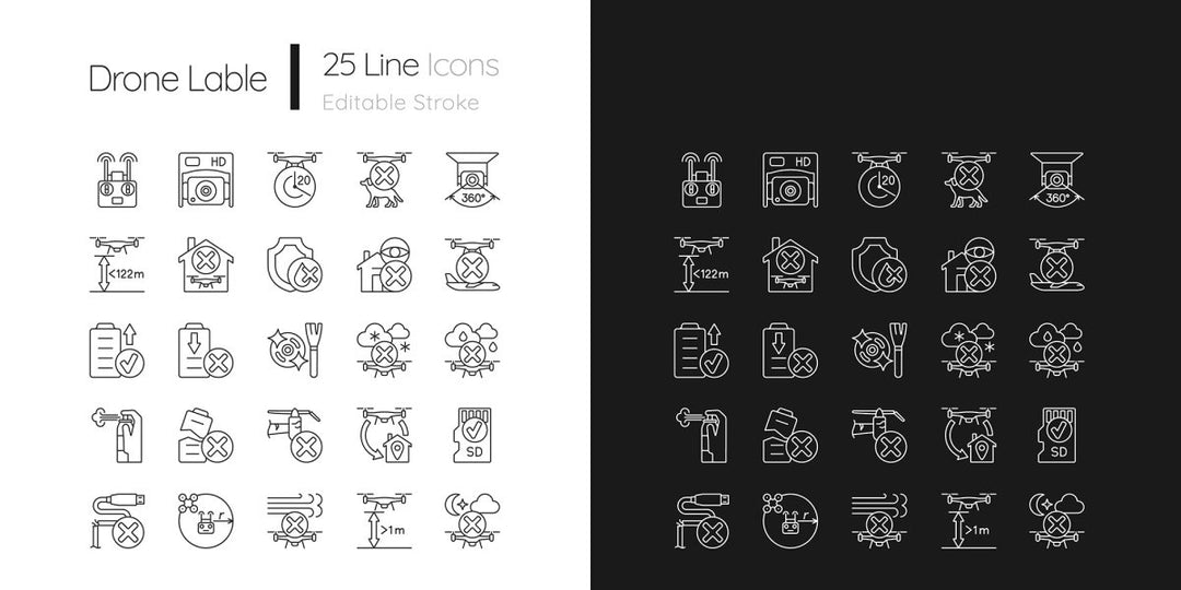 Drone usage linear manual label icons set for dark and light mode