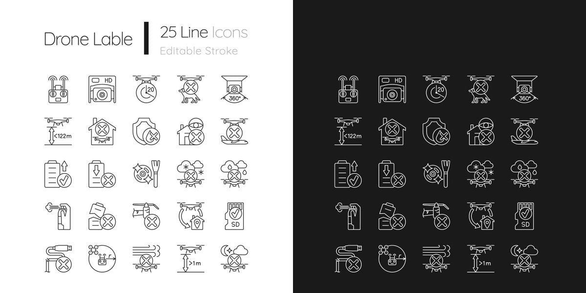 Drone usage linear manual label icons set for dark and light mode