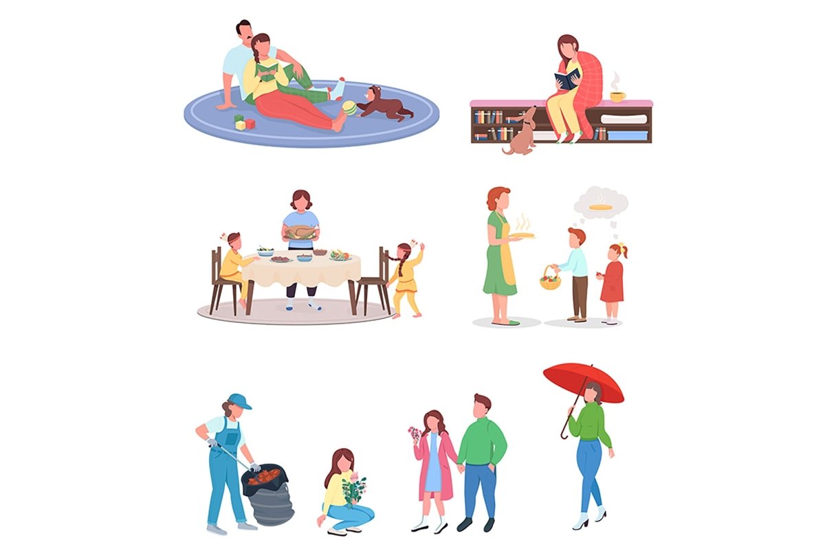 Dynamic autumn figures color vector characters set