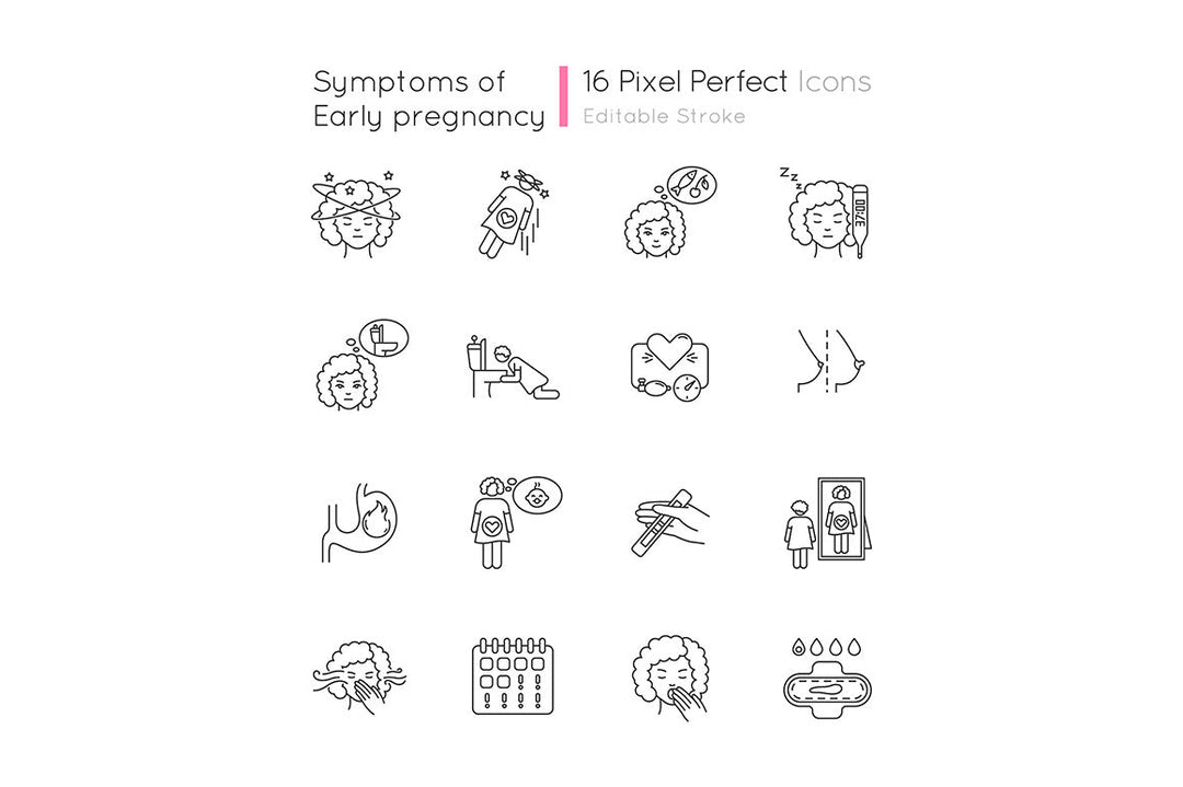 Early pregnancy symptom pixel perfect linear icons set