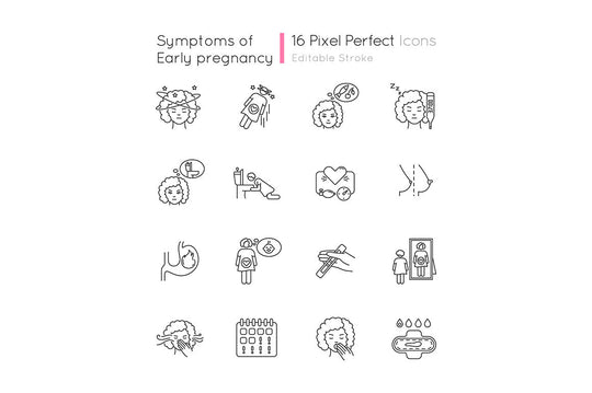 Early pregnancy symptom pixel perfect linear icons set