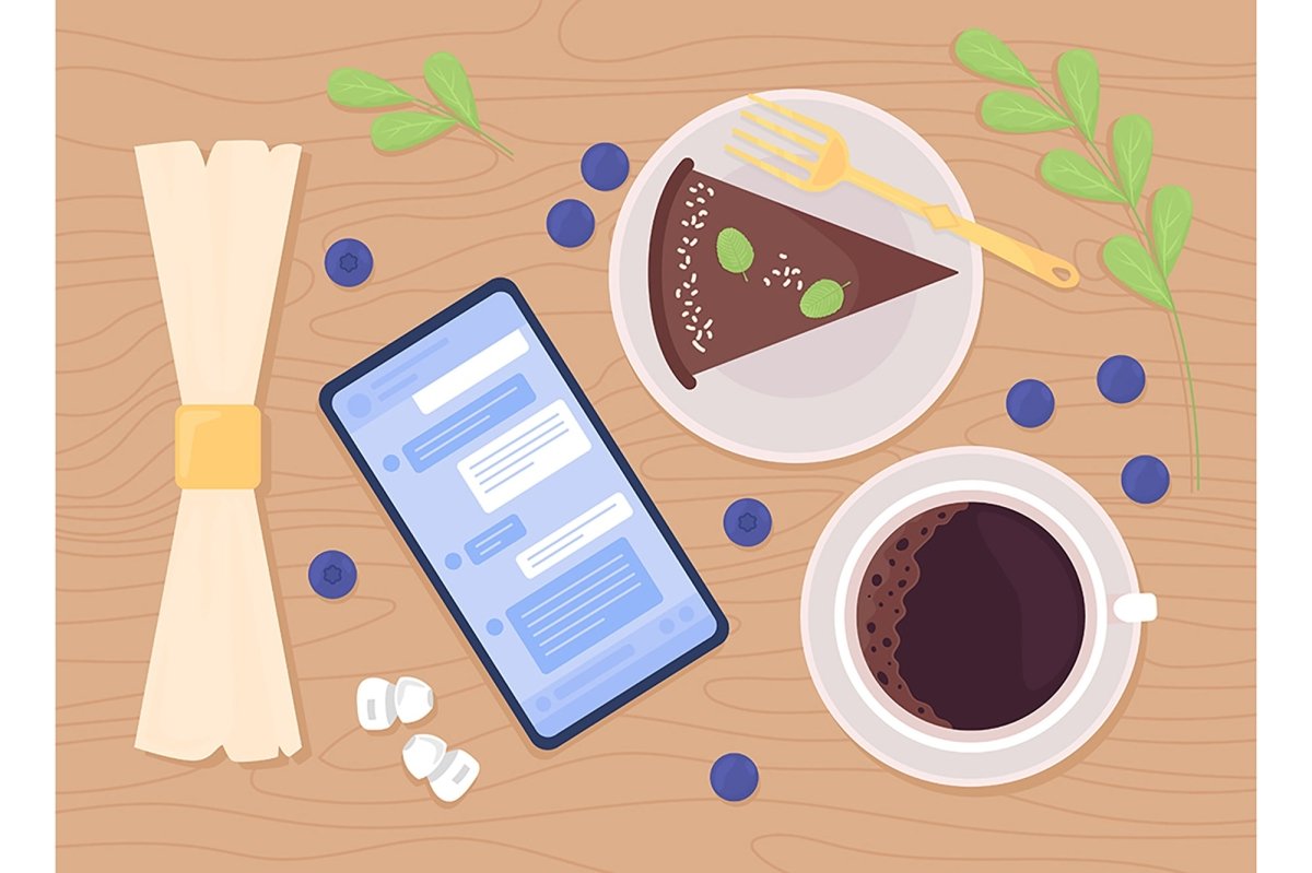 Eating and cooking flat color vector illustration set