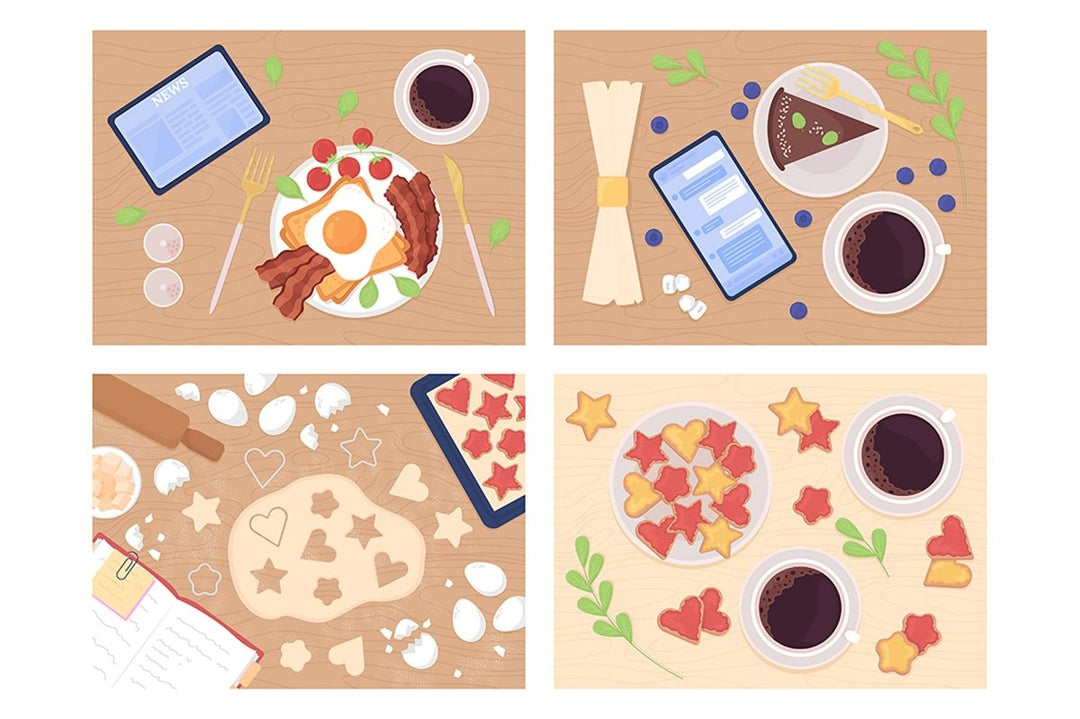 Eating and cooking flat color vector illustration set