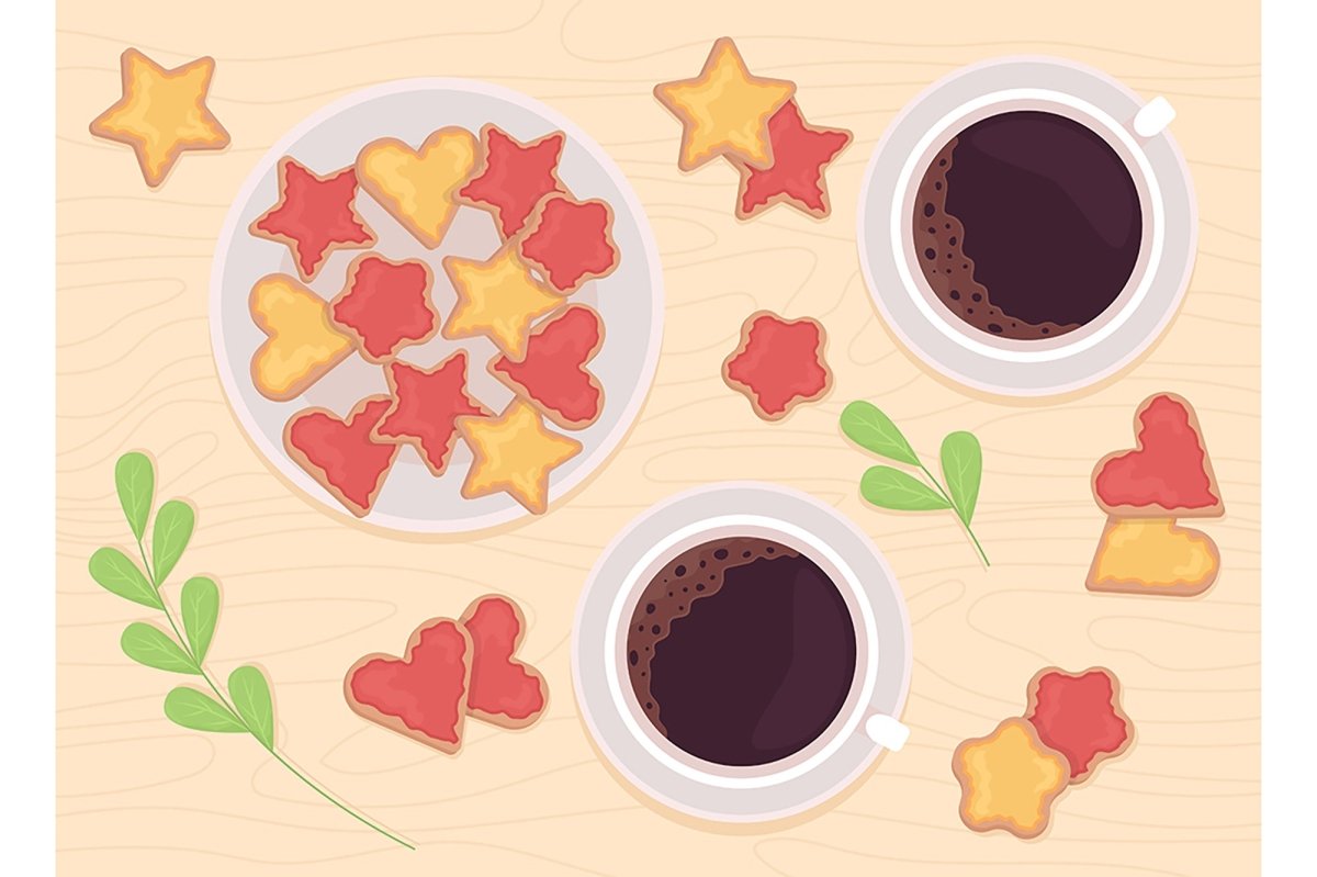 Eating and cooking flat color vector illustration set