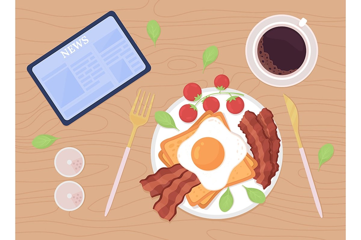 Eating and cooking flat color vector illustration set