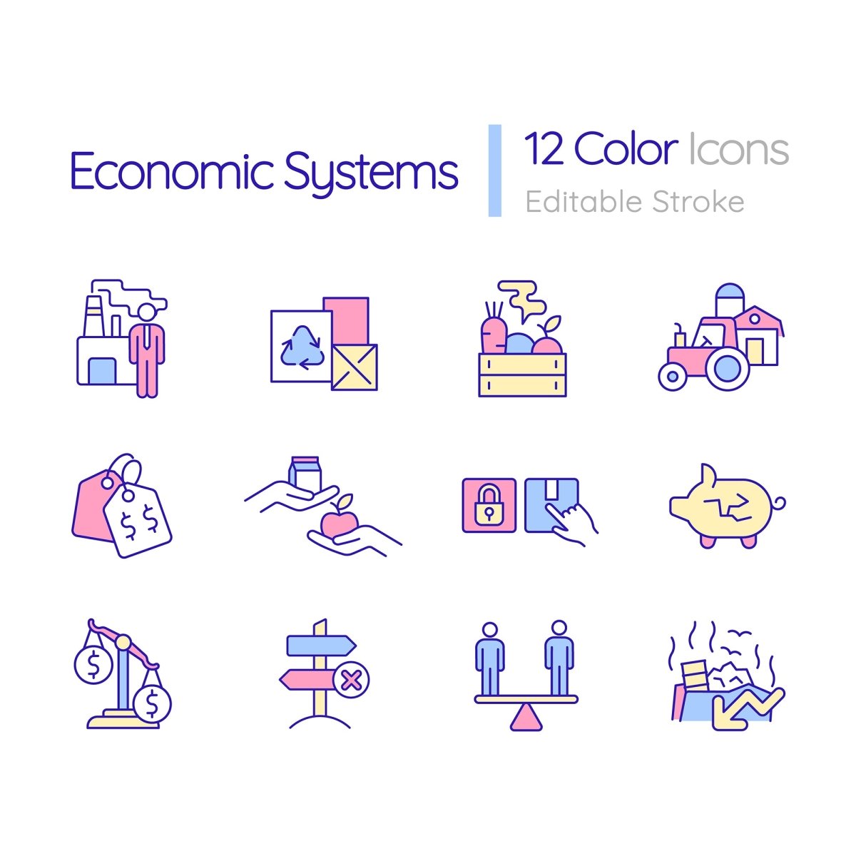 Economic system RGB color icons set