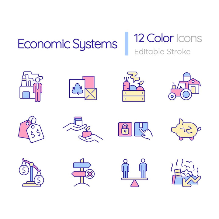 Economic system RGB color icons set