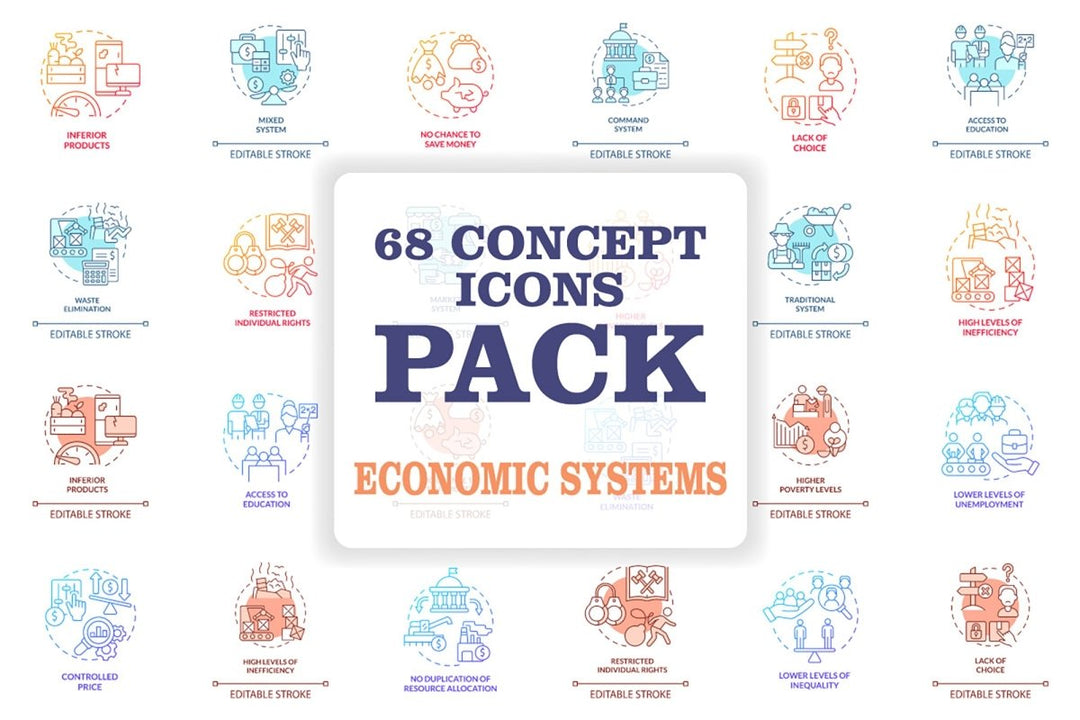 Economic systems turquoise concept icons bundle