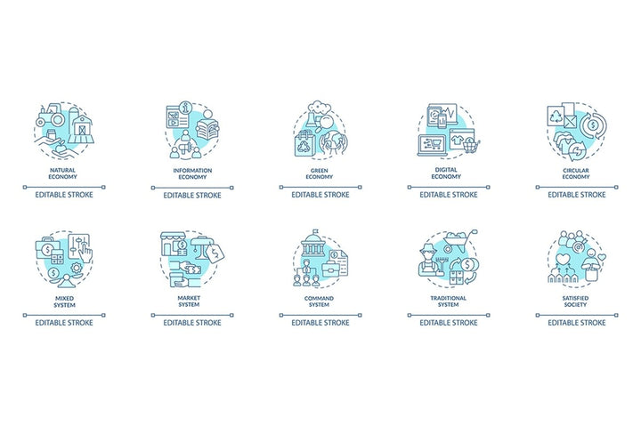 Economic systems turquoise concept icons bundle
