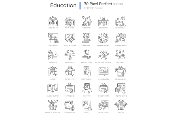 Education pixel perfect linear icons set
