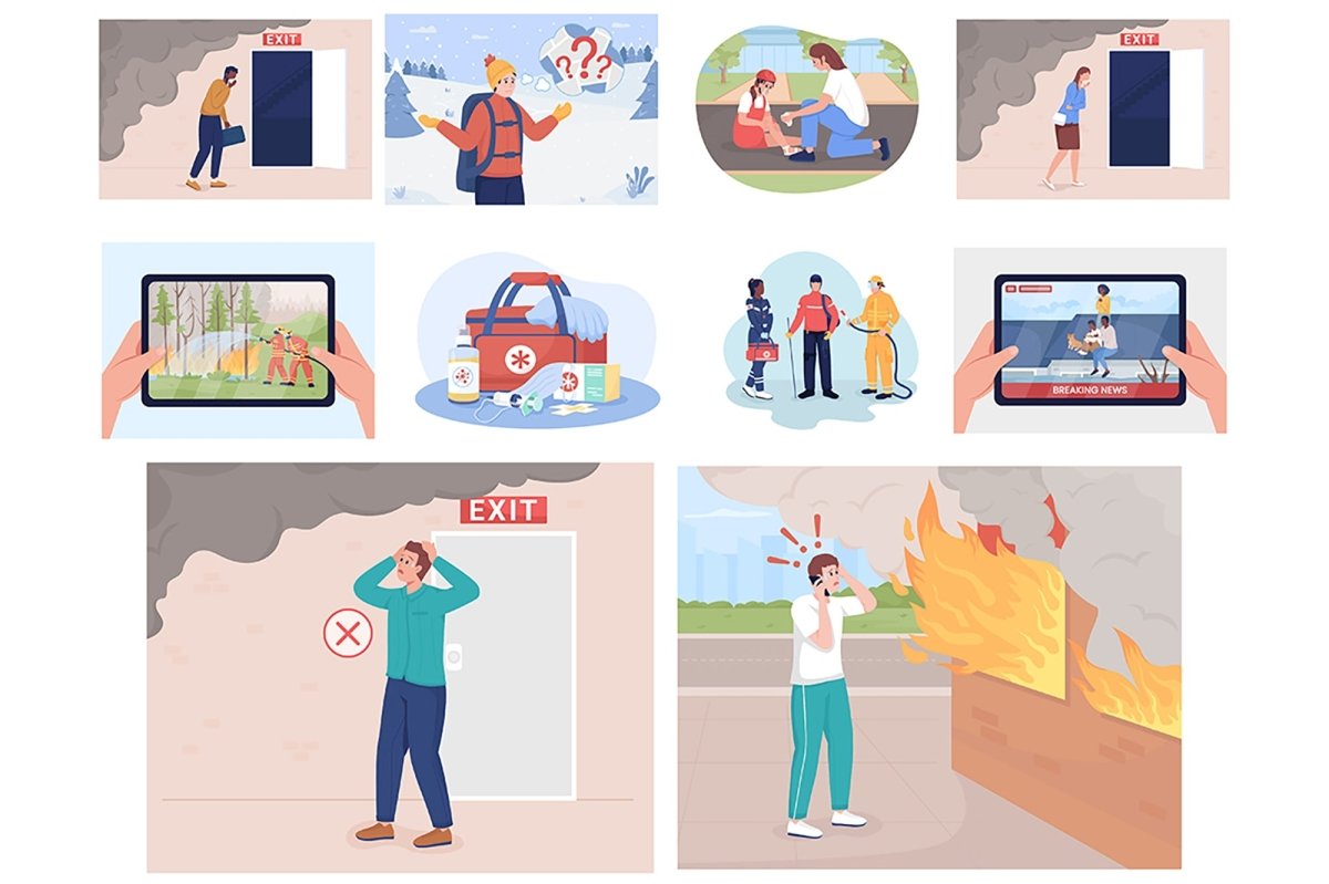 Emergency situations color vector illustration set