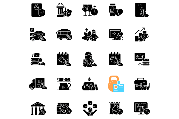 Employee perks and bonuses black glyph icons set on white space