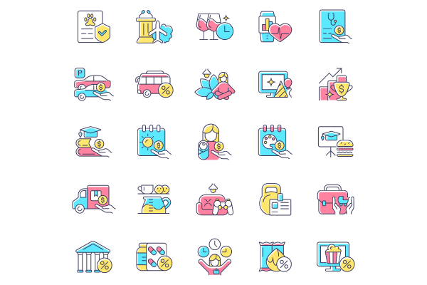 Employee perks and bonuses RGB color icons set