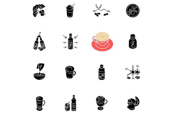 Energy drinks and caffeine black glyph icons set on white space