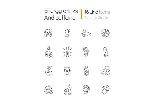 Energy drinks and caffeine linear icons set